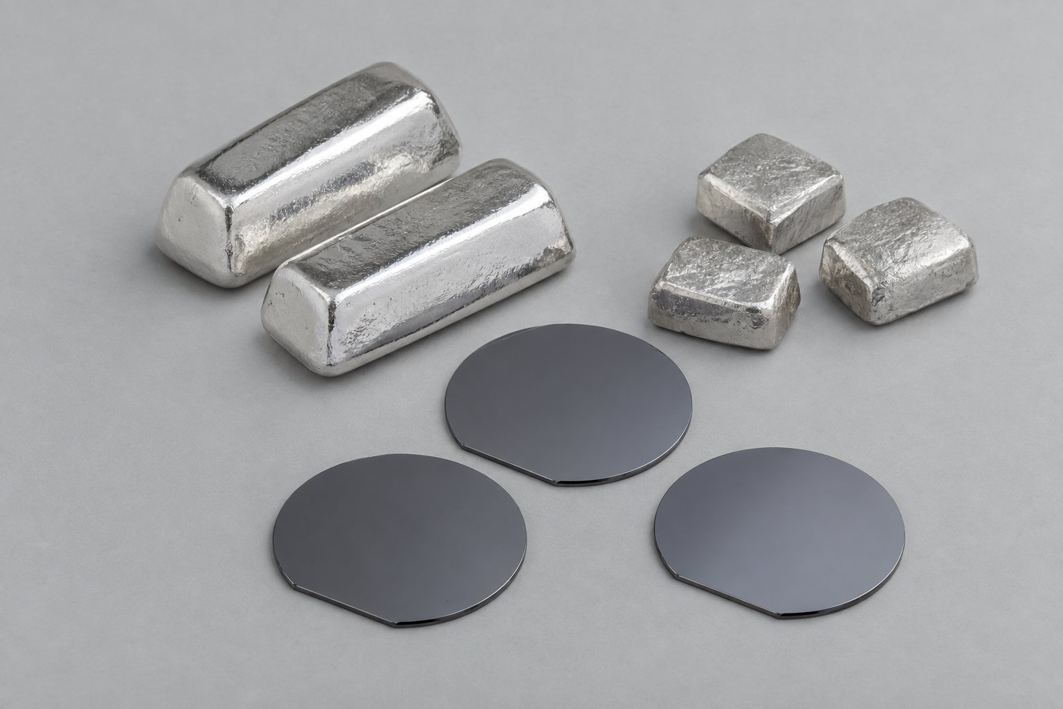 Illustration (générée par IA) : lingots argentés de gallium et d’indium et trois wafers sombres de semi-conducteurs composés sur fond gris clair.
