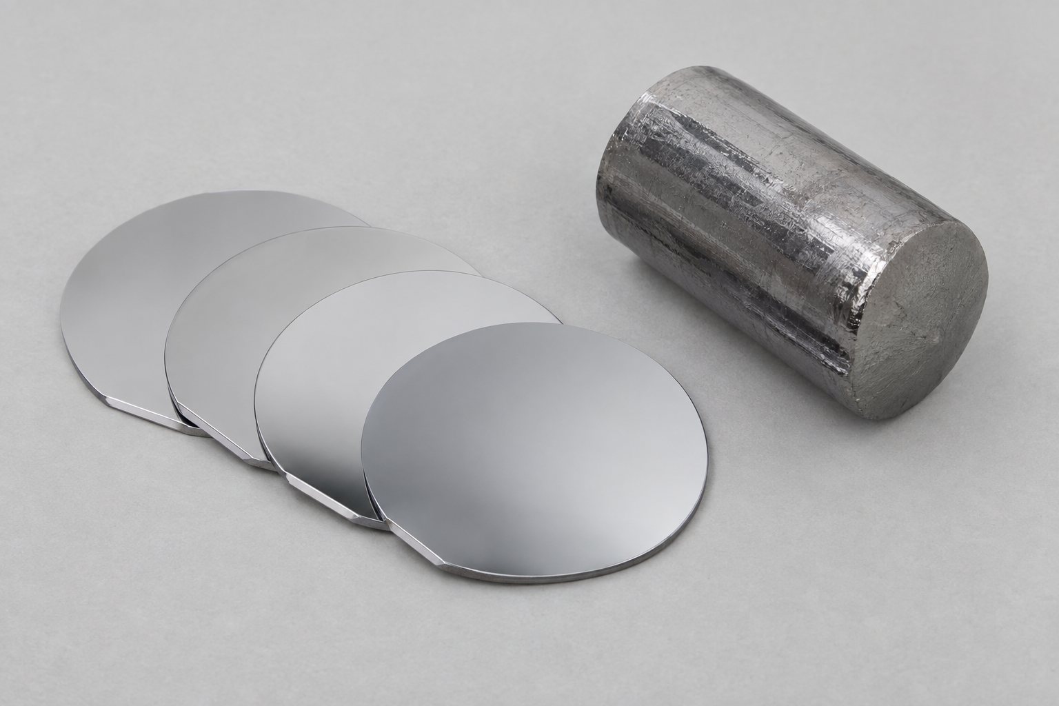 Illustration (générée par IA) : quatre wafers de germanium polis et un lingot monocristallin de germanium sur fond gris clair.