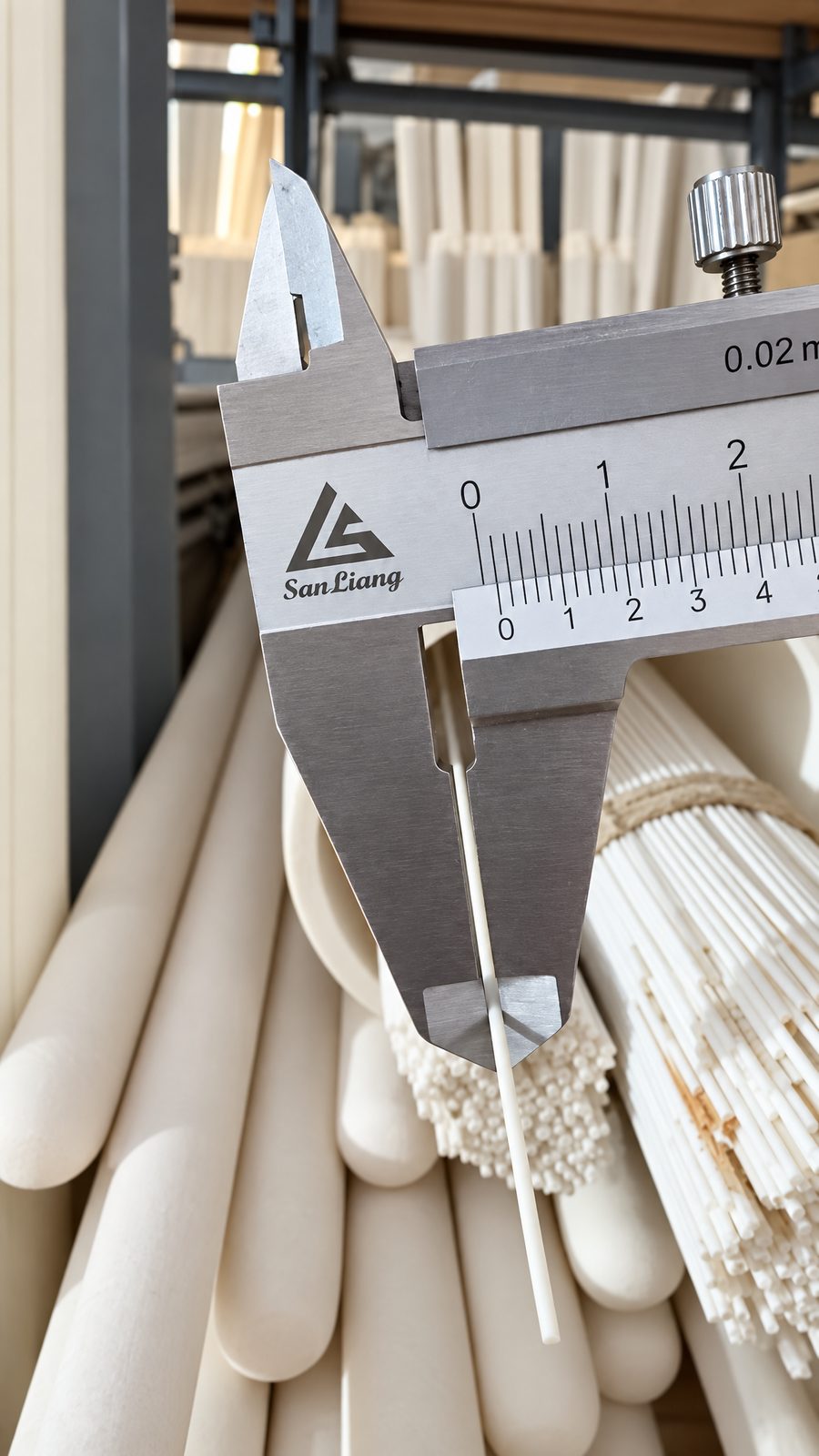 A steel vernier caliper measuring the outside diameter of a ceramic tube during inspection.