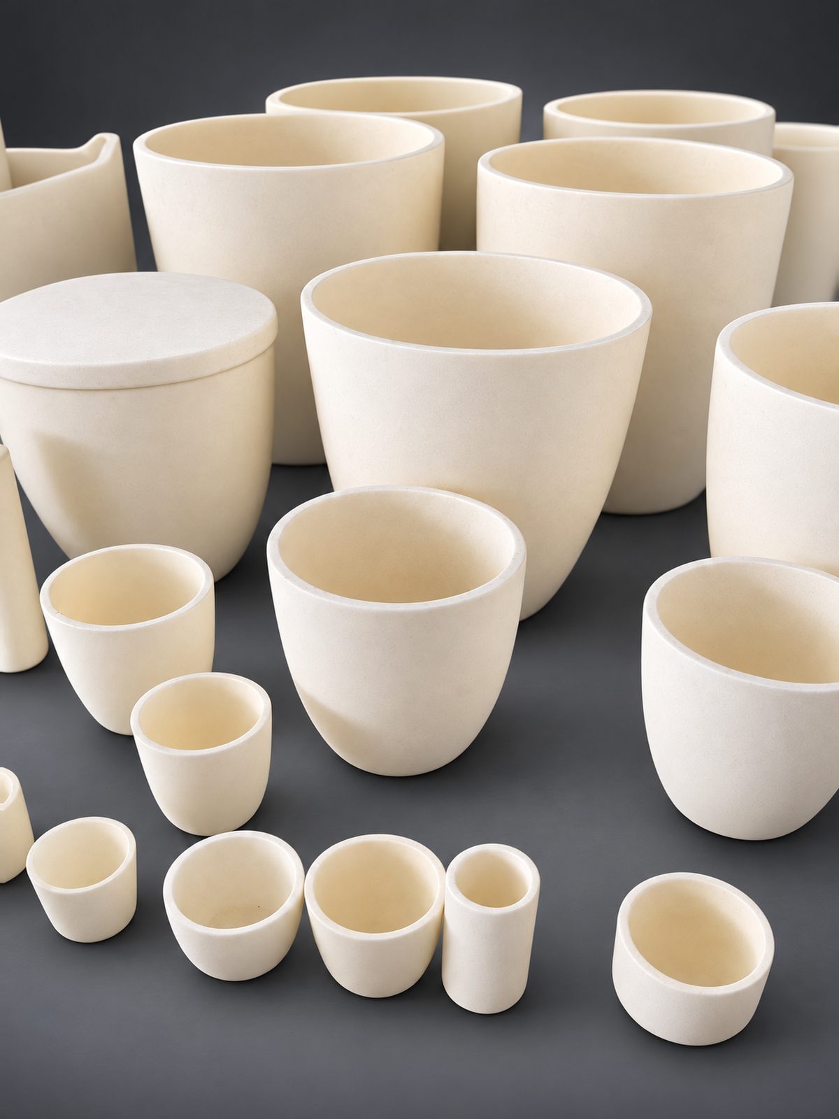 Ivory alumina crucibles of many sizes on a dark charcoal-grey surface: large and tapered crucibles at the back, one with a flat lid, and small cups in front.