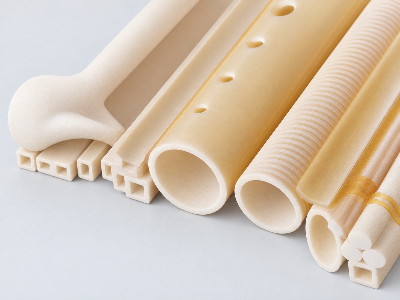 Special alumina tubes on a plain grey background: square tubes, a slotted channel, a tube with a row of side holes, a spiral-grooved tube and round tubes, with a flared part behind.