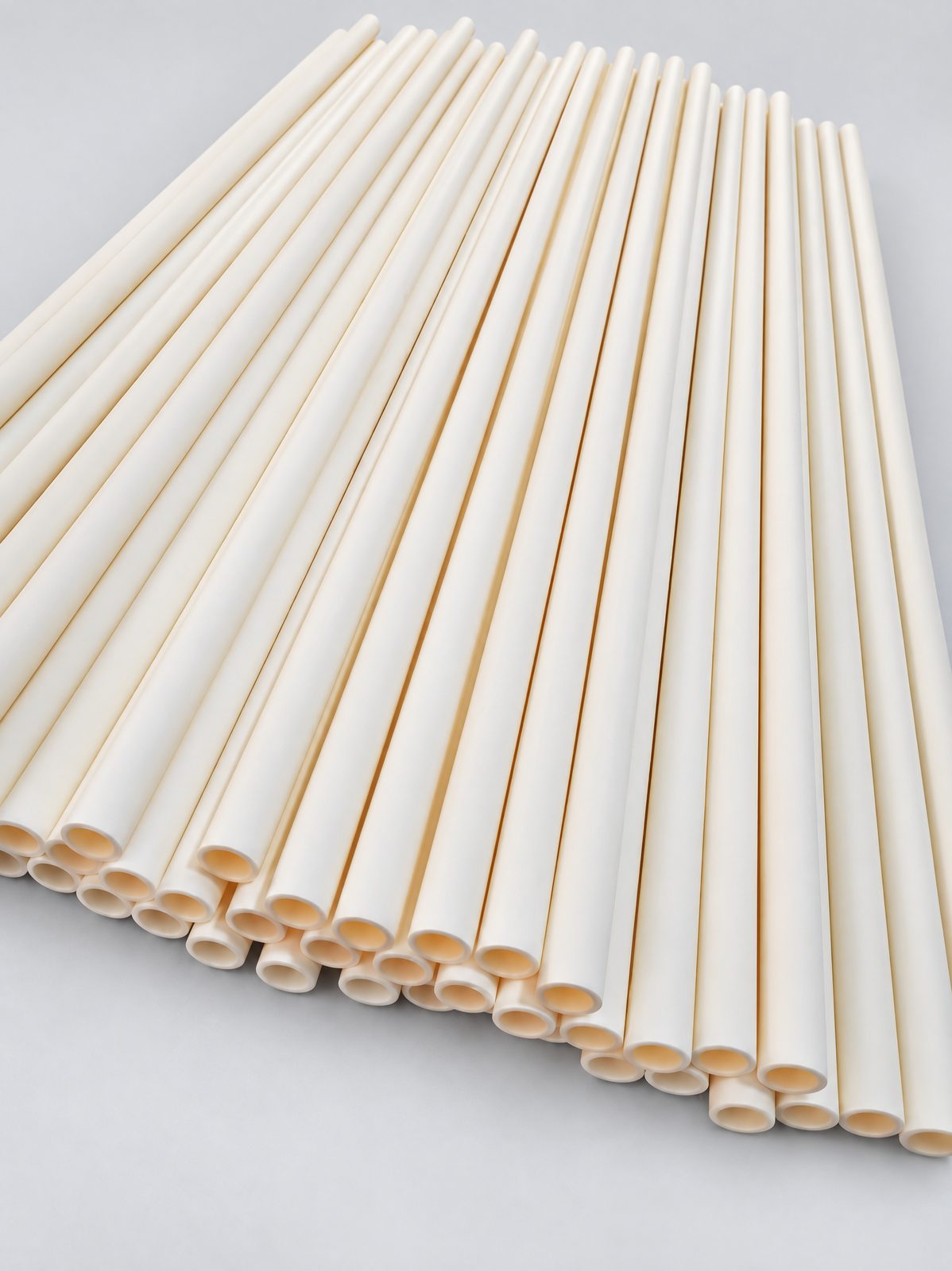 A long row of finished alumina tubes laid side by side on a plain grey background.